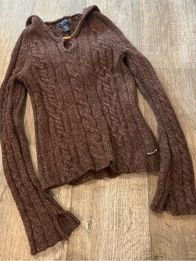 Y2K American Eagle Brown Cable Knit Hooded Sweater. Size: XS